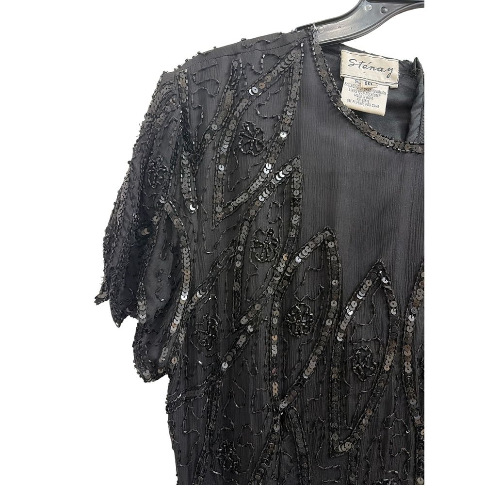 Silk Gown Beaded Vintage Stenay Womens 10 Black Sequin Art Deco Evening Dress - Picture 4 of 6